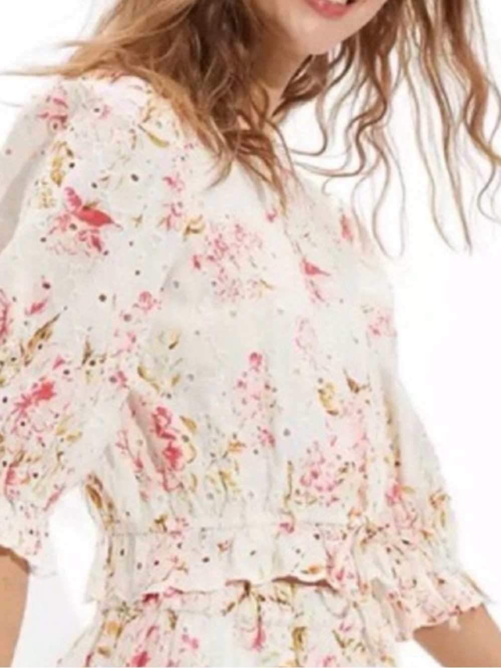 AMERICAN EAGLE Crop Eyelet Ruffle Waist Detail Blouse Top Cream/Multi Floral S